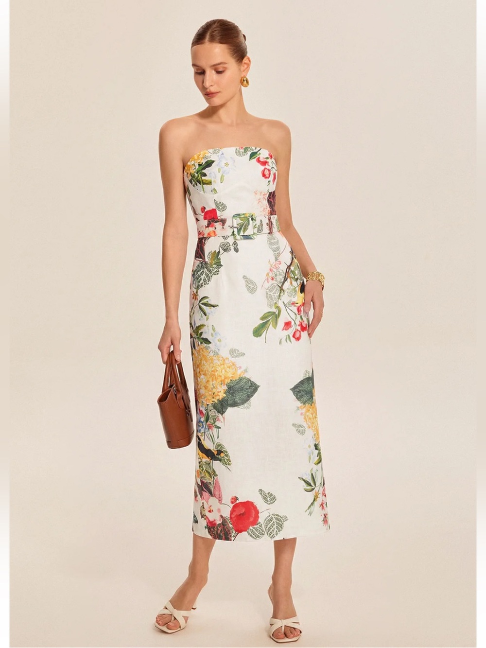 Commense White Strapless Midi Dress with Multicolor Floral Print